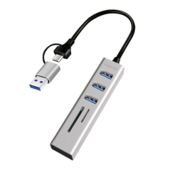 HUB extern LOGILINK- porturi USB: USB 30 x 3- conectare prin USB-C 30- adaptor conectare USB-A- SD/SDHC microSD- metal- arginti