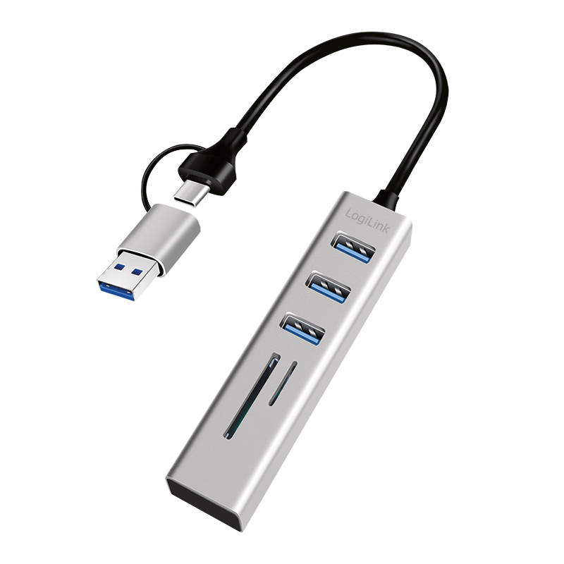 HUB extern LOGILINK- porturi USB: USB 30 x 3- conectare prin USB-C 30- adaptor conectare USB-A- SD/SDHC microSD- metal- arginti