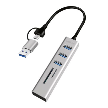 HUB extern LOGILINK- porturi USB: USB 30 x 3- conectare prin USB-C 30- adaptor conectare USB-A- SD/SDHC microSD- metal- arginti