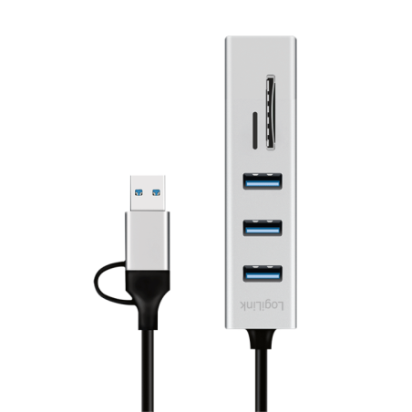 HUB extern LOGILINK- porturi USB: USB 30 x 3- conectare prin USB-C 30- adaptor conectare USB-A- SD/SDHC microSD- metal- arginti