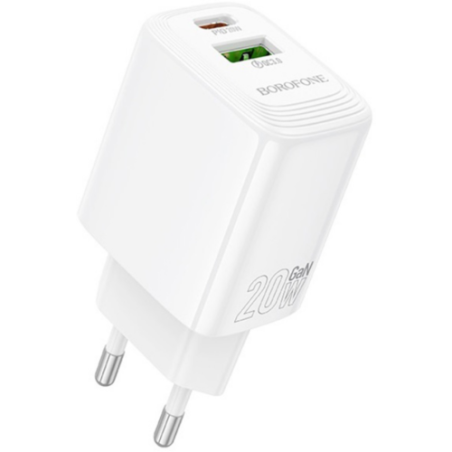 INCARCATOR retea Borofone BN27 - Quick Charge 20W- 1 x USB- 1 x USB Type-C- alb 6941991120268timbru verde 018 lei)