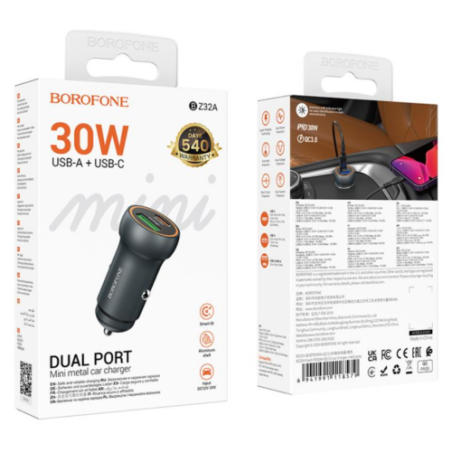 INCARCATOR auto Borofone BZ34B- pt bricheta auto- 1 x USB max18W- 1 x USB Type-C max 30W- putere totala 30W- include cablu USB T
